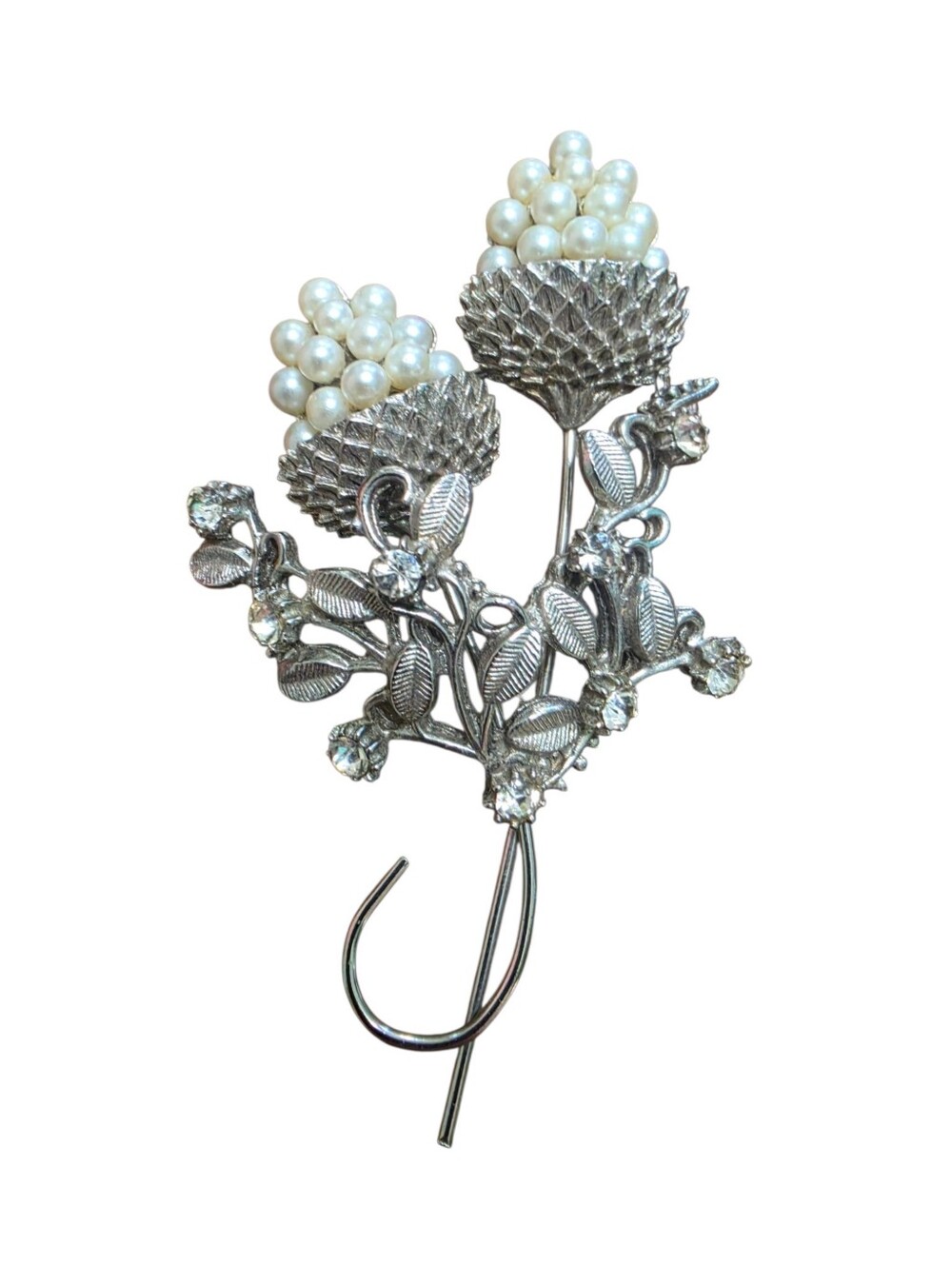 Vintage Silver Pearl Rhinestone Brooch